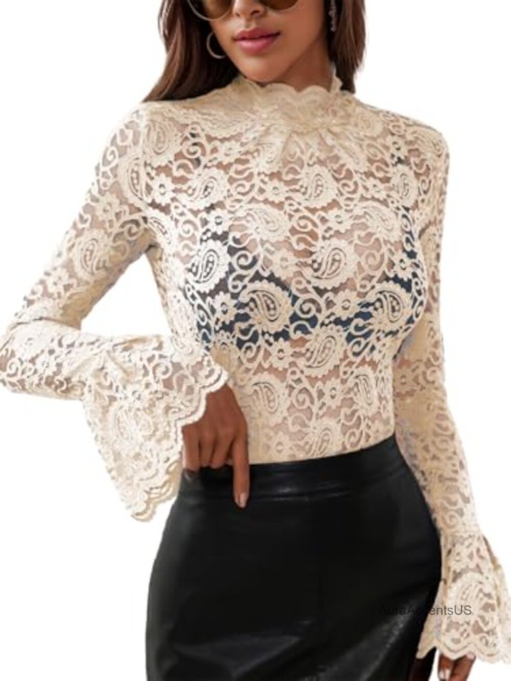 Women's Sheer Lace Mesh Long Sleeve Blouse High Neck Bell Sleeve Floral Top